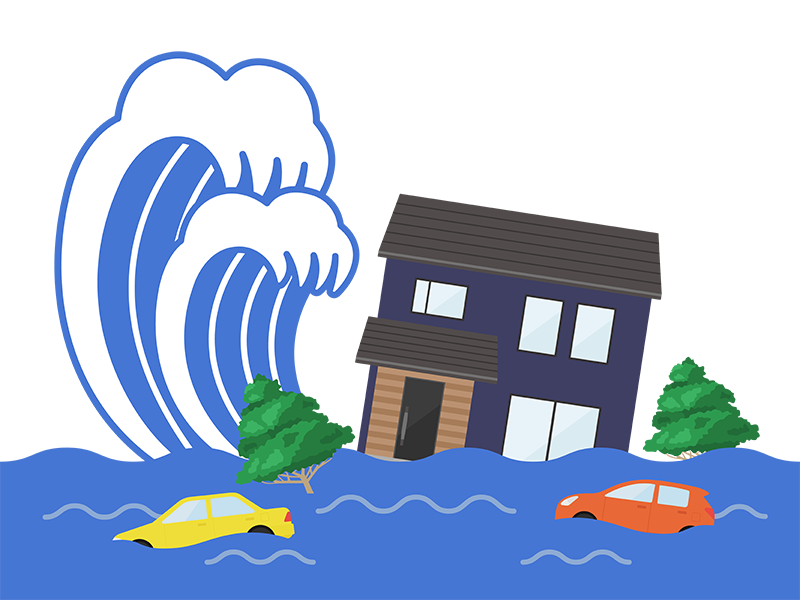 津波の被害にあう、戸建住宅の透過PNGイラスト