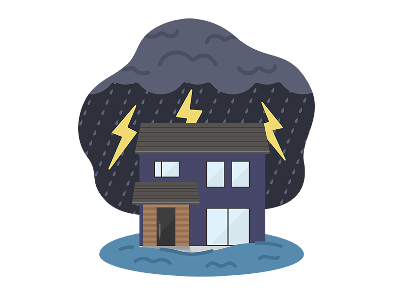 雷雨で浸水被害にあう、戸建て住宅の透過PNGイラスト