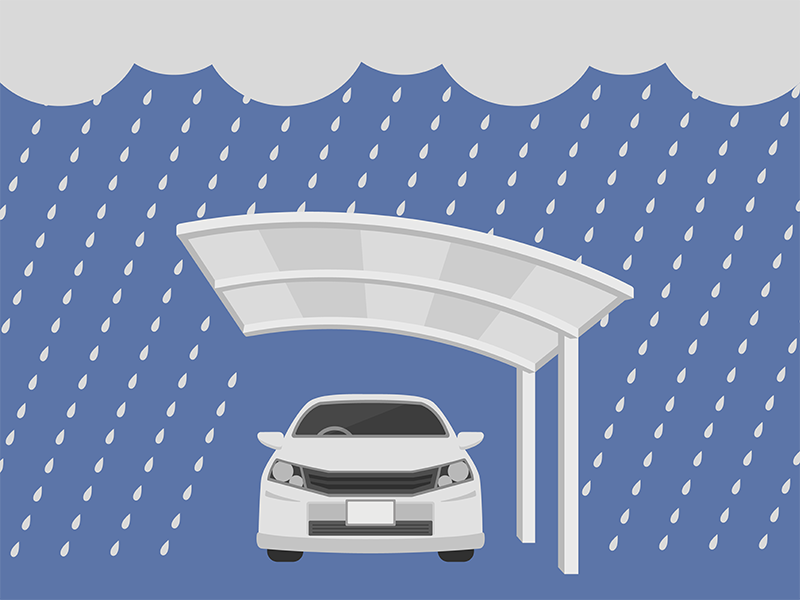 雨の日に、カーポートに駐車している、自動車の透過PNGイラスト