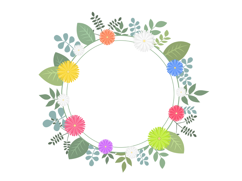 円形の、植物と花のフレームの透過PNGイラスト