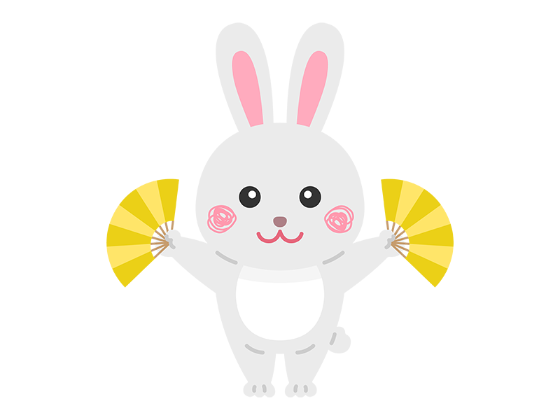 金色の扇子を持った、白色のウサギのキャラクターの透過PNGイラスト