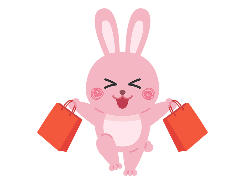 ショッピングバッグを持って、買い物をしている、ウサギのキャラクターの透過PNGイラスト