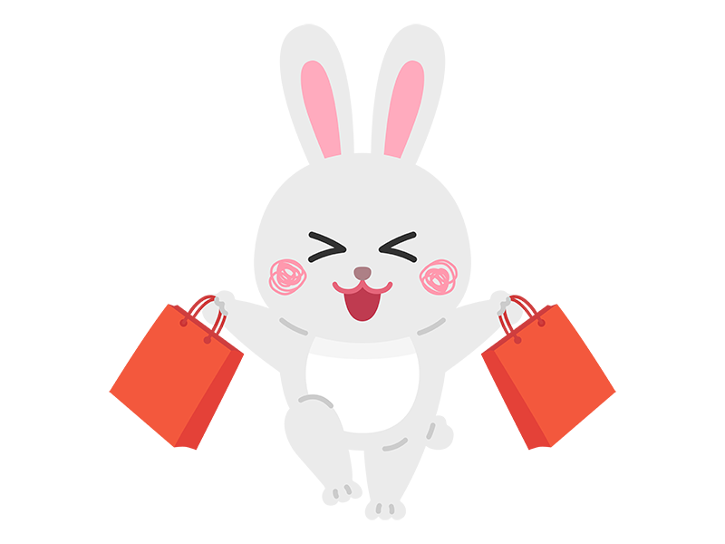 ショッピングバッグを持って、買い物をしている、白色のウサギのキャラクターの透過PNGイラスト
