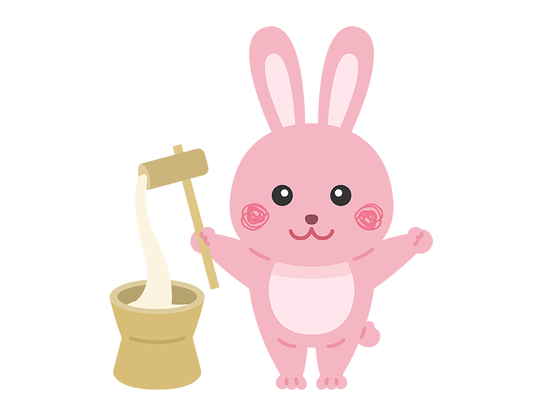 餅つきをする、ウサギのキャラクターの透過PNGイラスト
