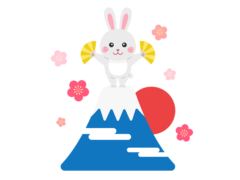 富士山の頂上にいる、金色の扇子を持った、白色のウサギのキャラクターの透過PNGイラスト