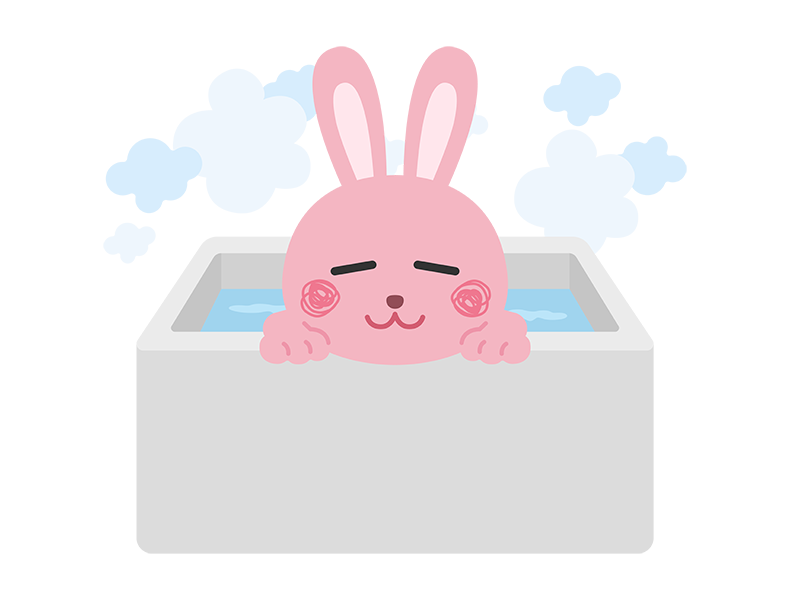 お風呂に入ってリラックスする、ウサギのキャラクターの透過PNGイラスト