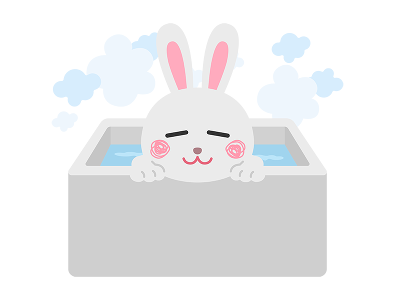 お風呂に入ってリラックスする、白色のウサギのキャラクターの透過PNGイラスト