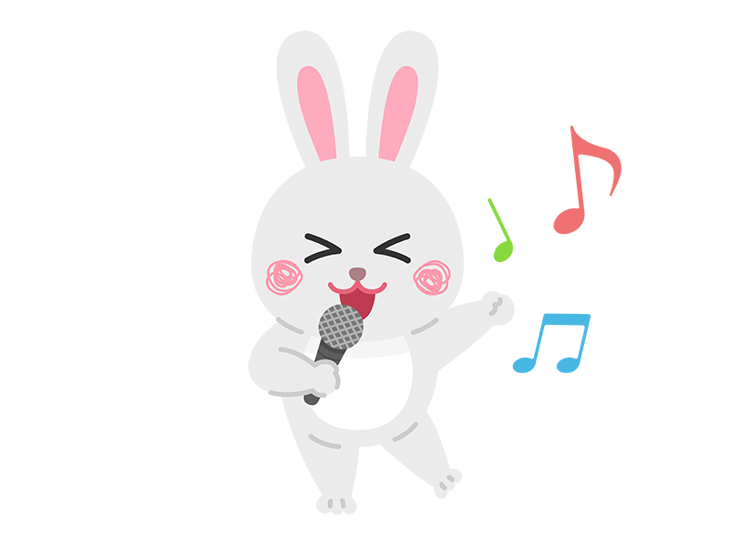 カラオケで歌う、白色のウサギのキャラクターの透過PNGイラスト