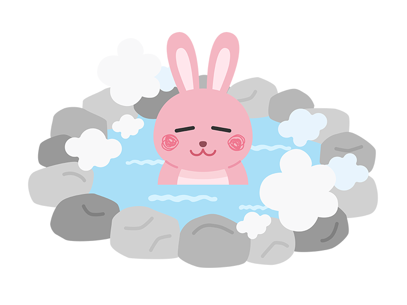 温泉に入ってリラックスする、ウサギのキャラクターの透過PNGイラスト