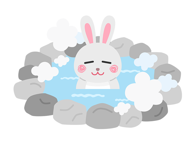 温泉に入ってリラックスする、白色のウサギのキャラクターの透過PNGイラスト