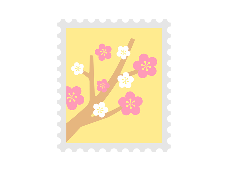梅の木の切手の透過PNGイラスト