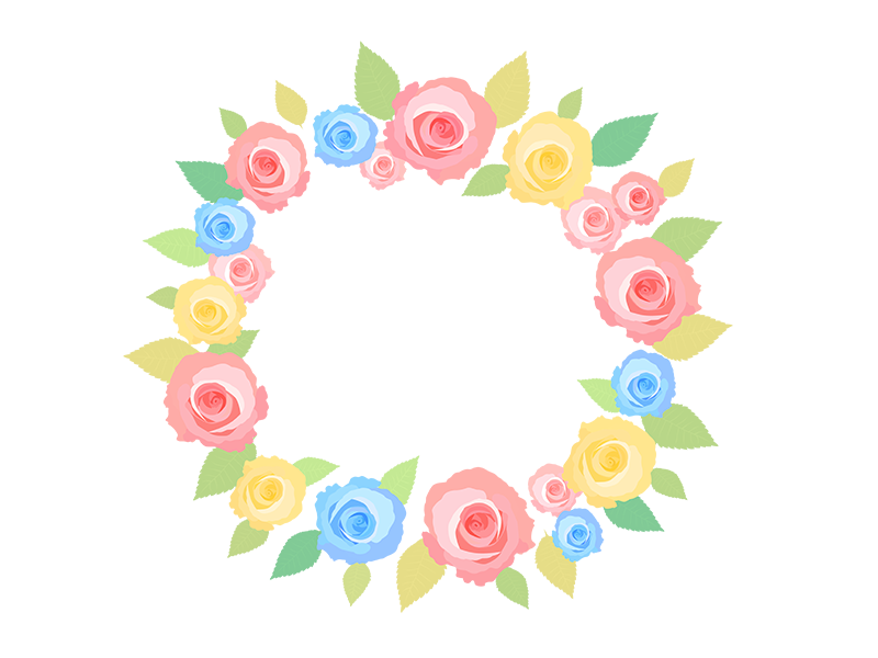 カラフルな、薔薇の花の円形フレームの無料イラスト