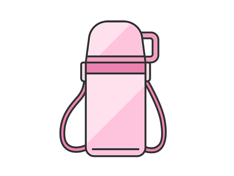 コップ付きの、ピンク色の水筒（フチあり）の無料イラスト