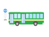 青色のバス停に停車する、路線バスの無料イラスト