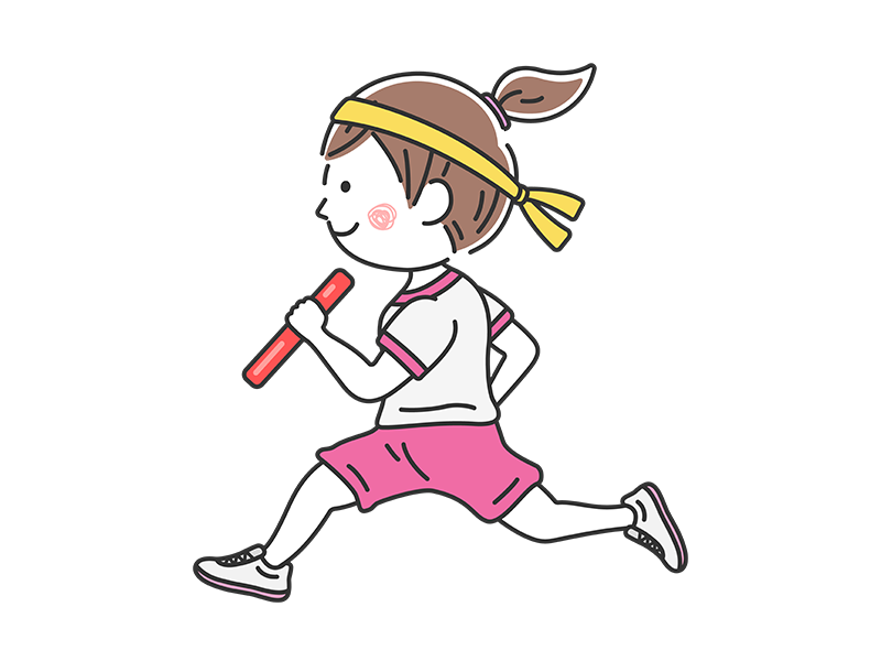 運動会のリレーで、バトンを持って走る、女の子の無料イラスト