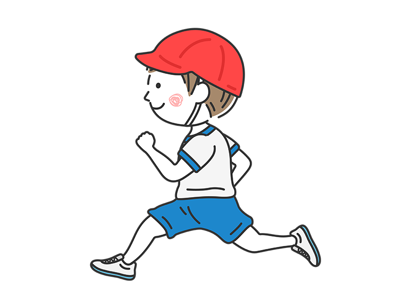赤白帽子をかぶって走る、男の子の無料イラスト
