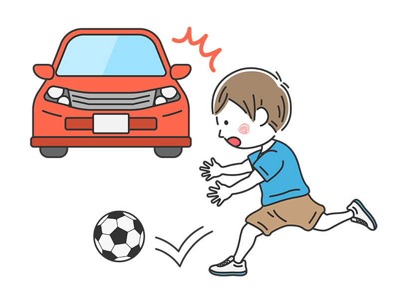 サッカーボールを追いかけて、道路に飛び出す、男の子の無料イラスト