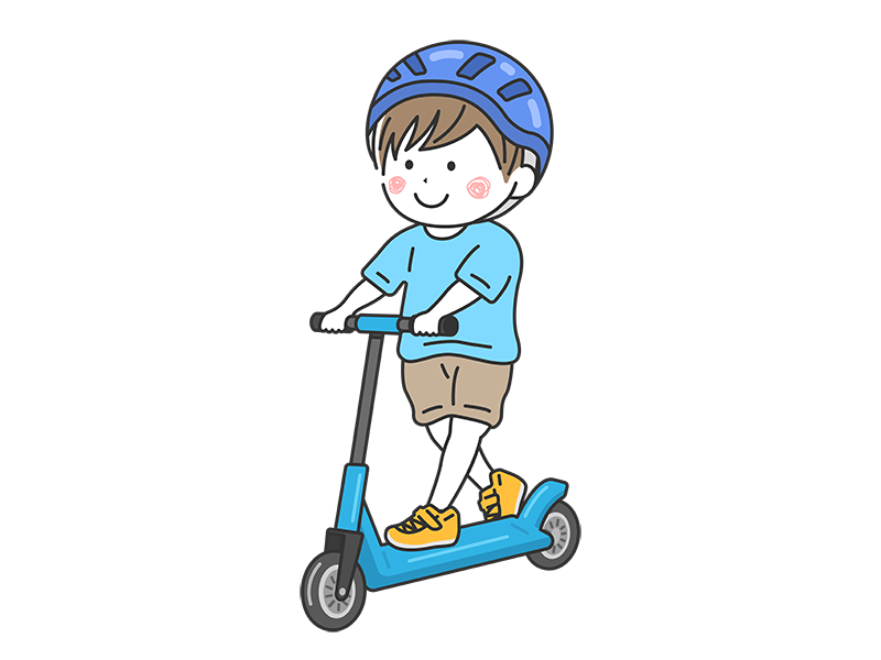 ヘルメットをかぶって、キックスケーターに乗る、男の子の無料イラスト