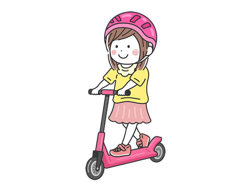 ヘルメットをかぶって、キックスケーターに乗る、女の子