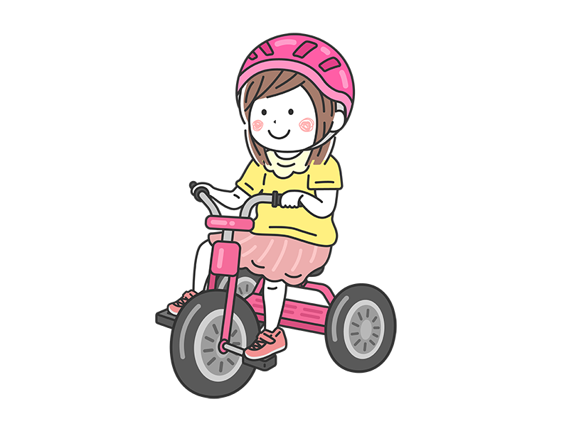 ヘルメットをかぶって、三輪車に乗る、女の子の無料イラスト