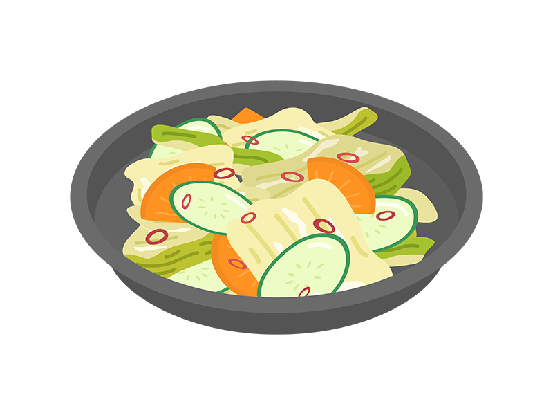 皿に盛り付けられた、白菜と胡瓜と人参の浅漬けの無料イラスト