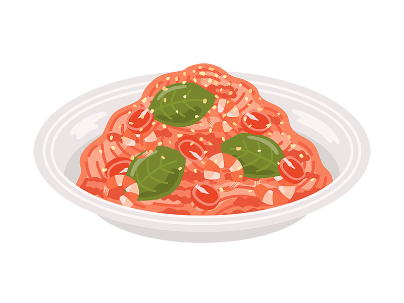 皿に盛り付けられた、トマトソースパスタの無料イラスト