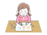 クレヨンでお絵かきをする、幼稚園児の女の子の無料イラスト