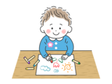 クレヨンでお絵かきをする、幼稚園児の男の子の無料イラスト