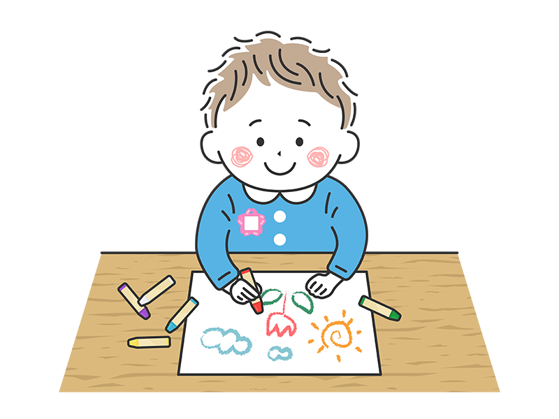 クレヨンでお絵かきをする、幼稚園児の男の子の無料イラスト