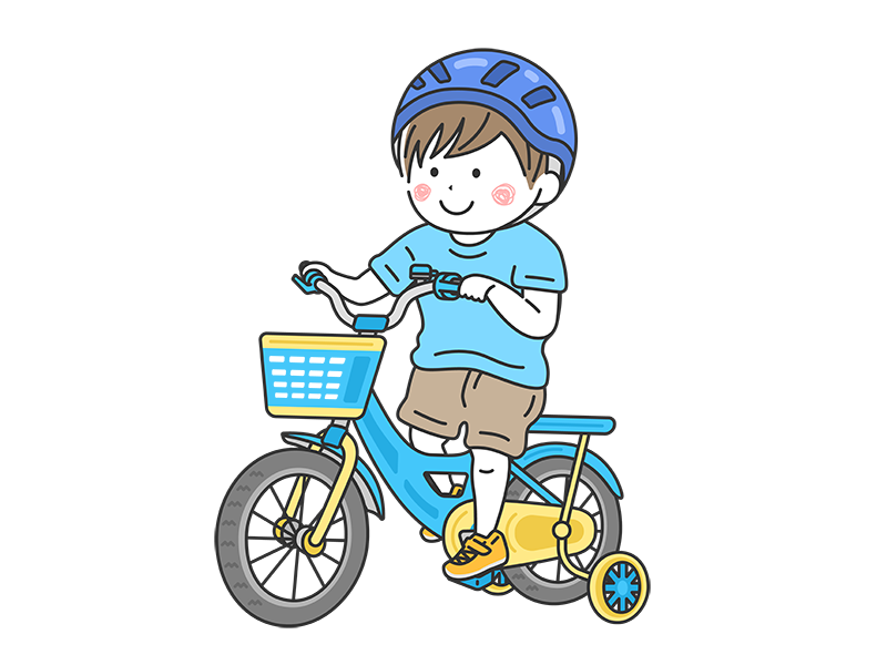 補助輪付きの、水色の自転車に乗った、男の子の無料イラスト