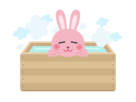 檜のお風呂に入った、ピンク色のウサギの無料イラスト