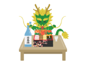 おせち料理を食べる、龍のキャラクターの無料イラスト