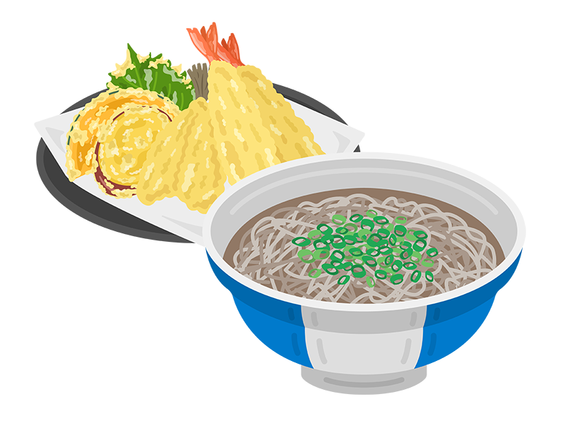 蕎麦と、天ぷらの盛り合わせの無料イラスト