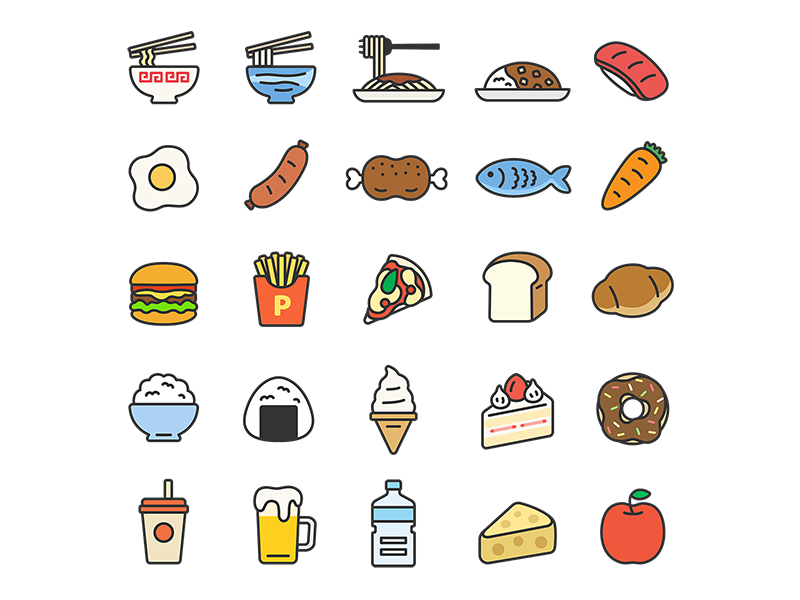 食べ物のアイコン（線画カラー）の無料イラストセット