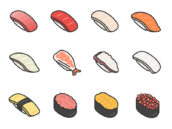いろいろな、寿司のアイコン（線画カラー）の無料イラストセット
