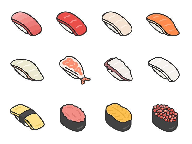 いろいろな、寿司のアイコン（線画カラー）の無料イラストセット