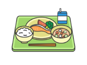 ご飯の日の、学校給食（線画カラー）の無料イラスト