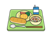 パンの日の、学校給食（線画カラー）の無料イラスト