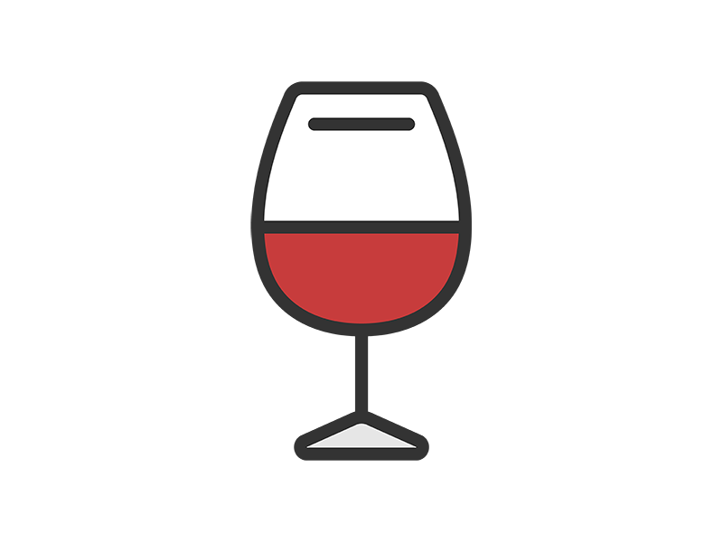 グラスに入った、赤ワインのアイコン（線画カラー）の無料イラスト