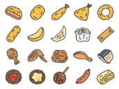 お惣菜のアイコン（線画カラー）の無料イラストセット
