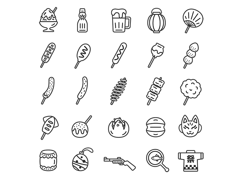 夏祭りのアイコン（線画）の無料イラストセット