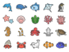 海の生物のアイコン（線画カラー）の無料イラストセット