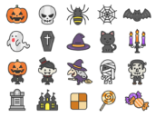 ハロウィンのアイコン（線画カラー）の無料イラストセット