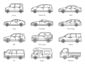 いろいろな、ボディタイプ別の、車（線画）の無料イラストセット