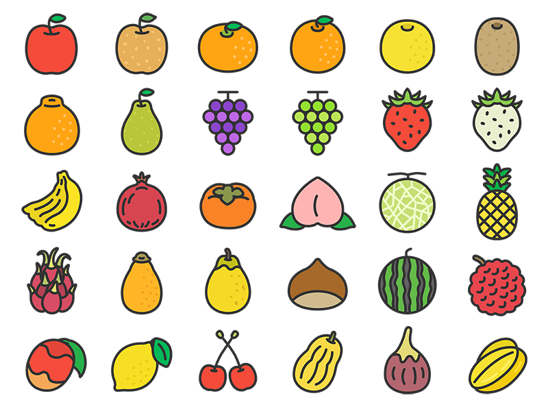 いろいろな、果物のアイコン（線画カラー）の無料イラストセット