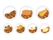 いろいろなトッピングをした、カレーライスの無料イラストセット