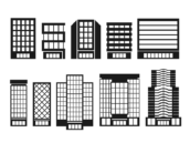 いろいろな、オフィスビルのシルエットの無料イラストセット
