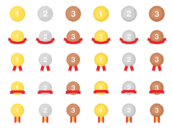 金銀銅の、いろいろな種類の、数字付きメダルの無料イラストセット