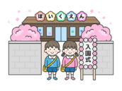 保育園の前に立つ、入園式の日の、男の子と女の子（線画）の無料イラスト