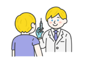 予防接種をする、白人の男性医師（線画カラー）の無料イラスト